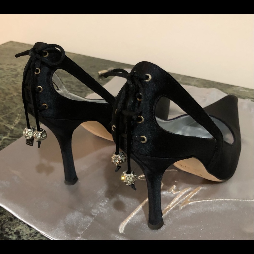 Giuseppe Zanotti Black Satin Dress Shoes Size 37.5 80mm Rhinestone Finials